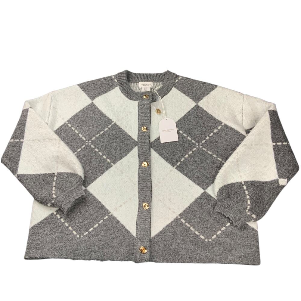 NWT Song of Style Aimee Song XS Argyle Cardigan Gray Ivory Gold Button Sweater
